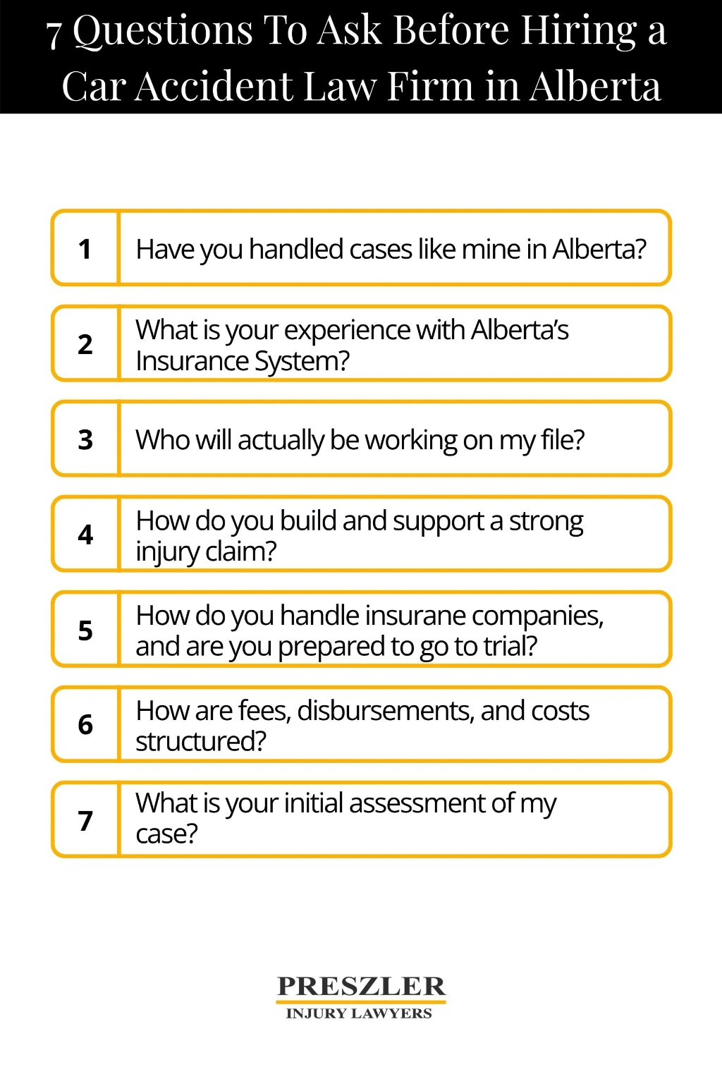 Image showing 7 questions to ask before hiring a car accident law firm in Alberta