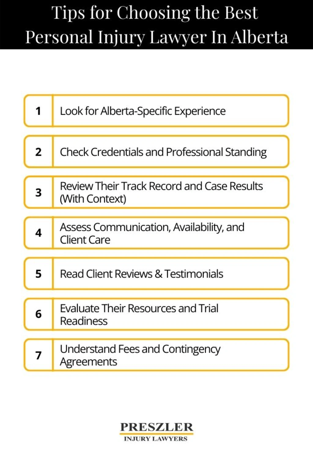Graphic outlining 7 steps to take before choosing a personal injury lawyer in Alberta